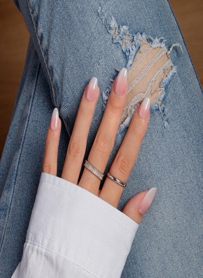KQueenest Ombre French Tip Press On Nails Short Oval, Natural Ombre Nails Press ons, Glossy Almond Short Fake Nails With Glue, Elegant Soft Gel Reusable Glue on Nails for Women in 24 Pcs, White Pink - Image 1